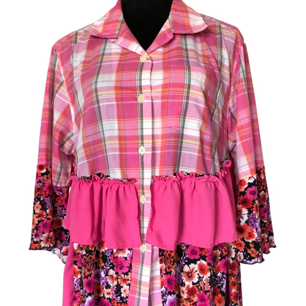 Handmade Upcycled Boho Tunic, Pink Ruffled Patchwork Top Size Large - Picture 8 of 13